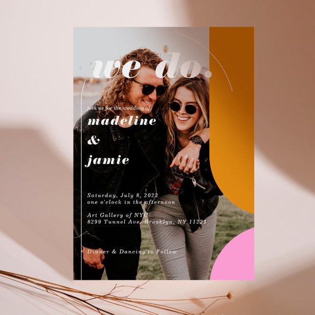 Invitation Nous faisons Moderne rose Jaune Retro Photo Abstra (We Do Modern Pink Yellow Retro Abstract Photo Invitation)