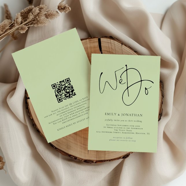 Invitation Nous faisons Script QR Code Lime Cream Mariage (front and back view)
