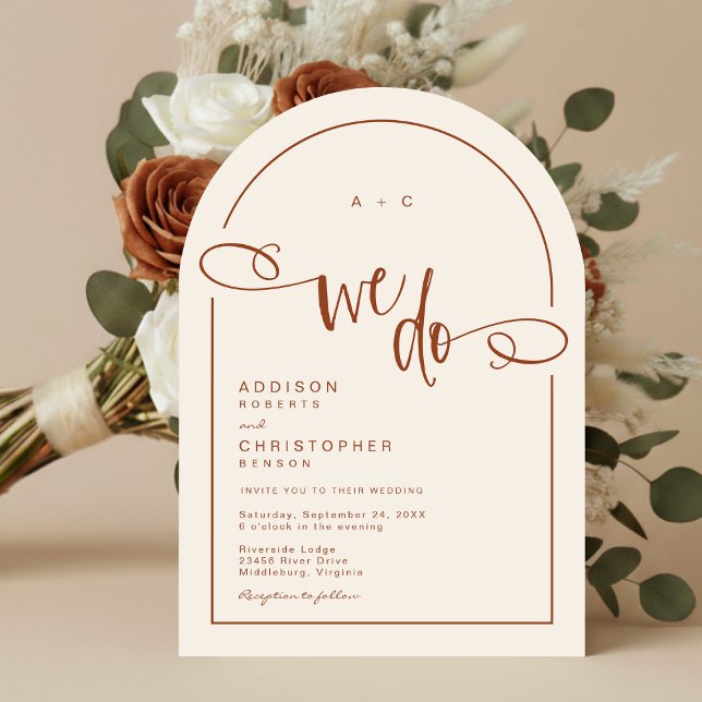 Invitation Nous Faisons Terracotta Mariage De Script Moderne (Shown on a 5" x 7" invitation with Arch Corner Style)
