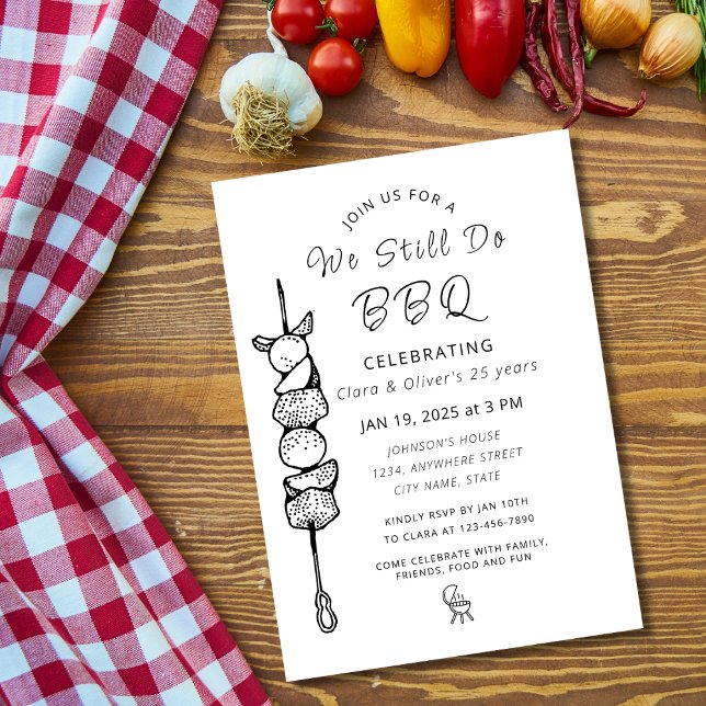 Invitation Nous faisons toujours BBQ jardin fête mariage anni (barbecue minimal outdoor modern black white 20th or 25th or 10th summer wedding anniversary invite)