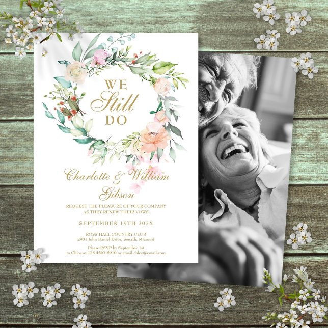 Invitation Nous faisons toujours la couronne de fleurs de ren (We Still Do Vow Renewal Floral Garland Photo Invitation)