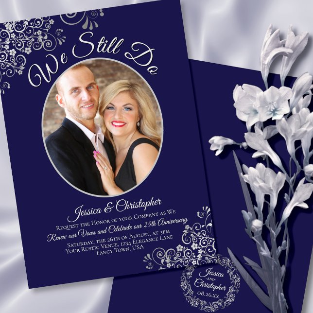 Invitation Nous faisons toujours Marine Blue & Silver Mariage (Front/Back)