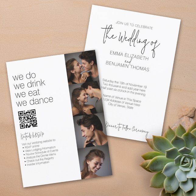 Invitation Nous faisons tout en un BW - QR - 4 Photos - Maria (We Do, We Drink, We Eat, We Dance - Fun casual wedding invitation with photos and qr code)