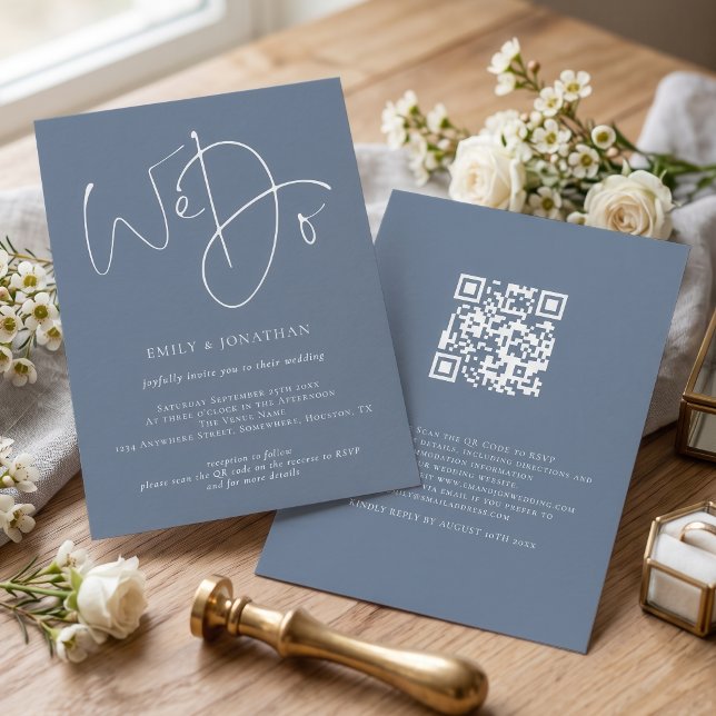 Invitation Nous faisons un mariage avec QR Dusty Blue White (Créateur téléchargé)