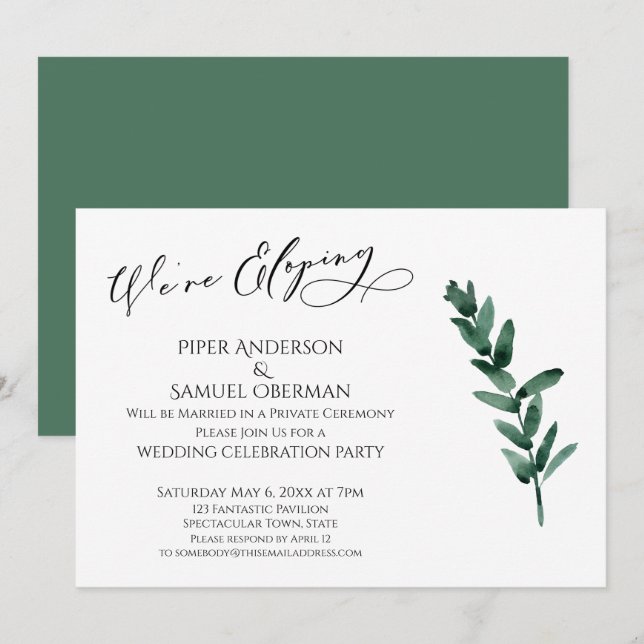 Invitation Nous Fuyons en Amoureux Feuilles Peintes en Vert C (Devant / Derrière)
