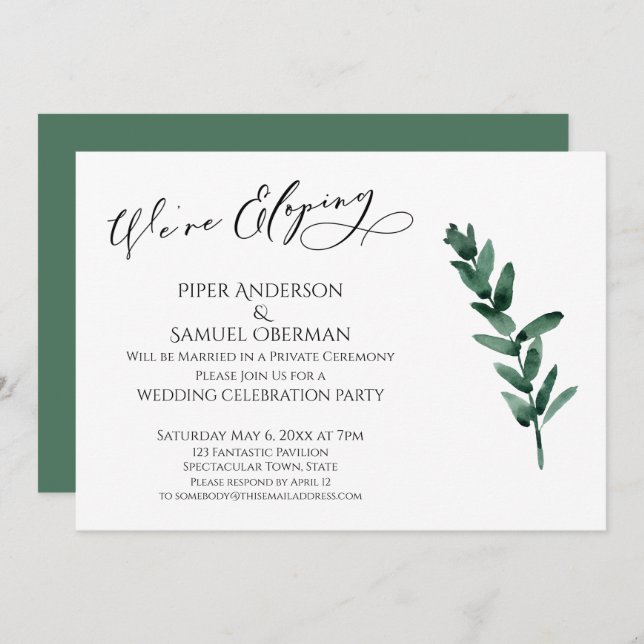 Invitation Nous Fuyons en Amoureux Feuilles Peintes en Vert R (Devant / Derrière)