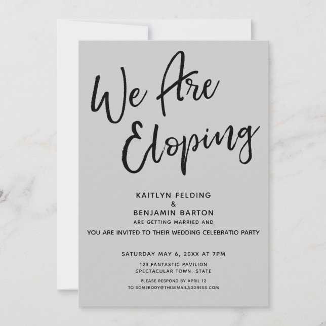 Invitation Nous Fuyons Mariage Moderne Casual Simple Gris Fêt (Devant)