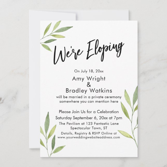 Invitation Nous Fuyons Typographie, Feuillage Aquarelle Verte (Devant)