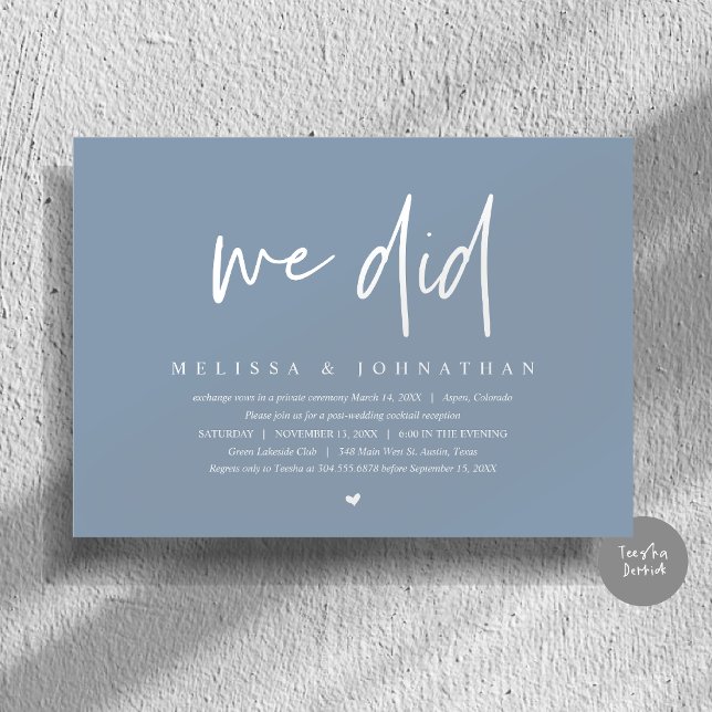 Invitation Nous L'Avons Fait, Mariage Elopement Party, Minima (We Did, Wedding Elopement Dinner Invitation Card, PDF, Modern Minimalist, in Dusty Blue)