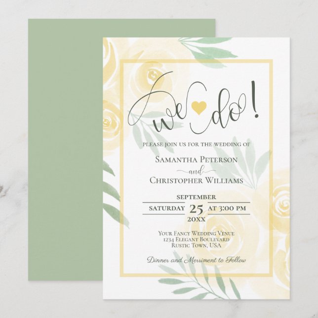 Invitation Nous le faisons ! Jaune Beurre et Sauge Roses Boho (Devant / Derrière)
