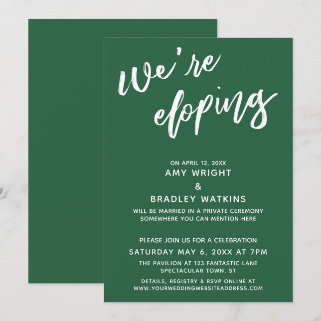 Invitation Nous nous enfuyons Simple Leaf Vert Écriture Manus (Devant / Derrière)