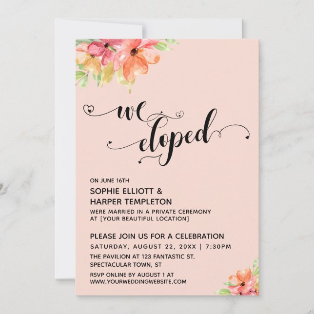 Invitation Nous nous sommes enfuis avec des cœurs Script Fleu (Devant)
