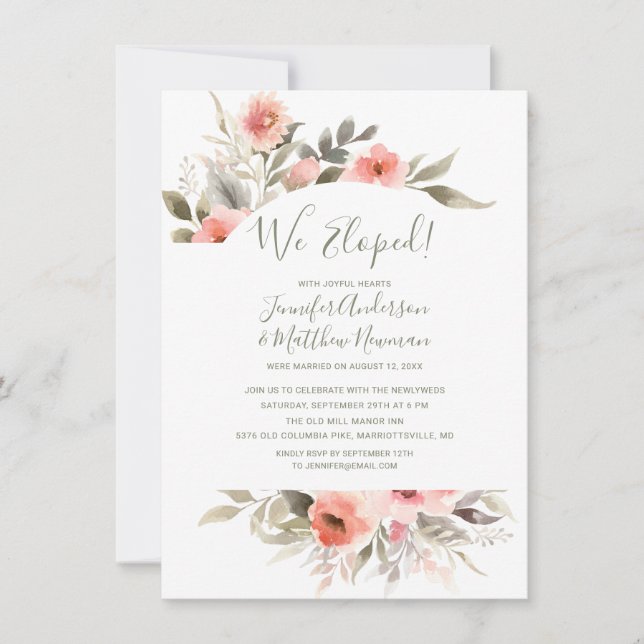 Invitation Nous nous sommes enfuis Mariage aquarelle Rose réc (Devant)