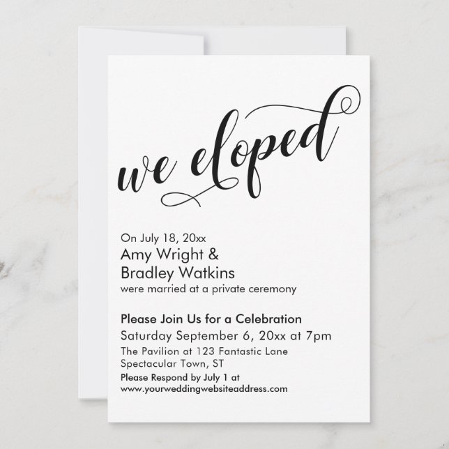 Invitation Nous nous sommes enfuis Mariage Fancy Script Céléb (Devant)