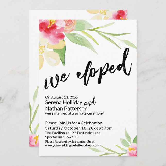 Invitation Nous nous sommes enfuis Script Casual avec Fleurs  (Devant / Derrière)