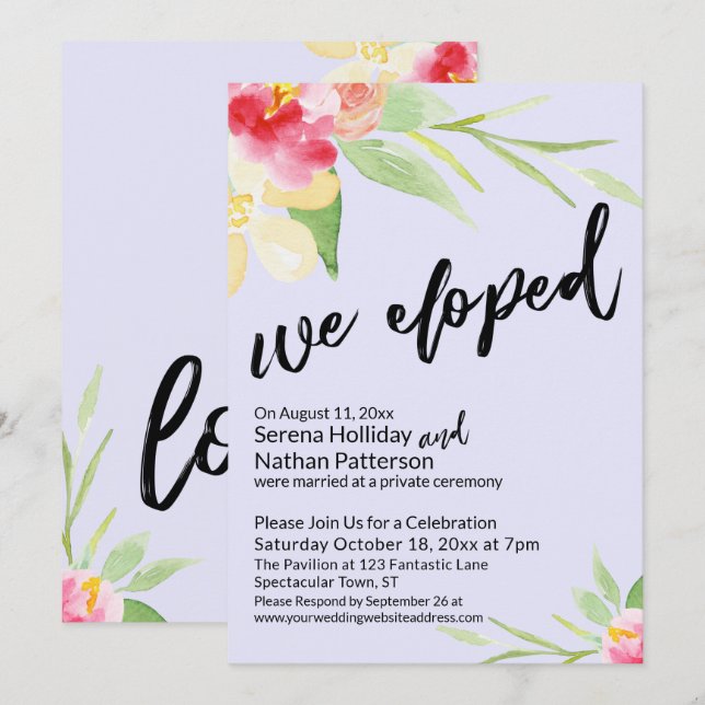 Invitation Nous nous sommes enfuis Script Casual Fleurs aquar (Devant / Derrière)