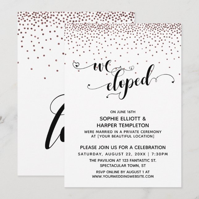 Invitation Nous nous sommes enfuis Script Rose Gold Confettis (Devant / Derrière)