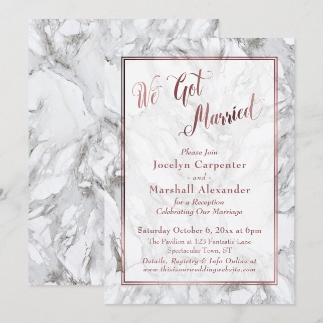 Invitation Nous nous sommes mariés Écriture Rose Gold Marbre  (Devant / Derrière)