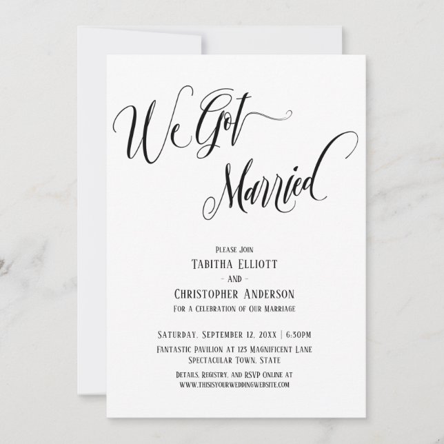 Invitation Nous nous sommes mariés Script élaboré, Noir et Bl (Devant)