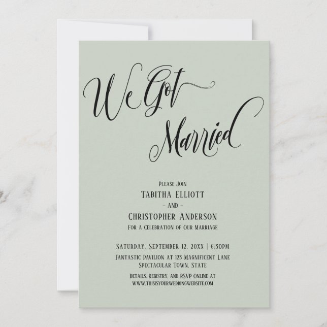 Invitation Nous nous sommes mariés Script Élaboré, Vert Sauge (Devant)
