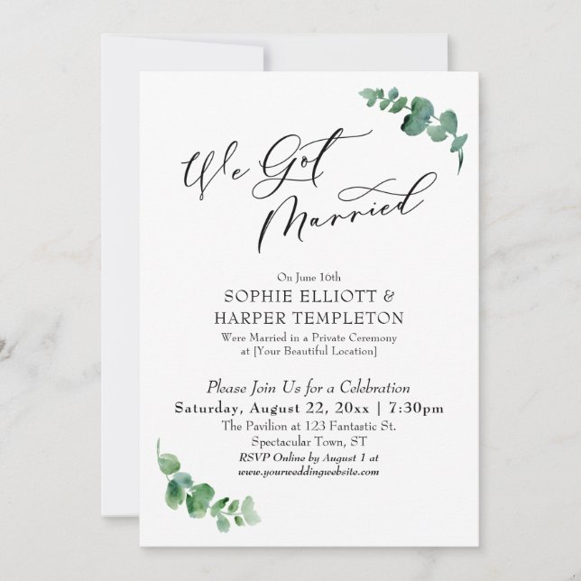 Invitation Nous nous sommes mariés Simple Eucalyptus Réceptio (Devant)