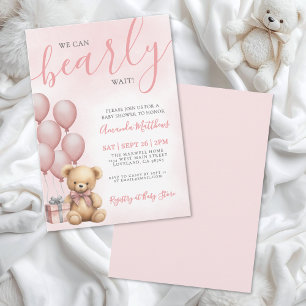Invitation Nous pouvons à peine attendre Fille Ourson Rose Ba