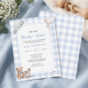 Invitation Nous pouvons à peine attendre Ours en peluche bleu