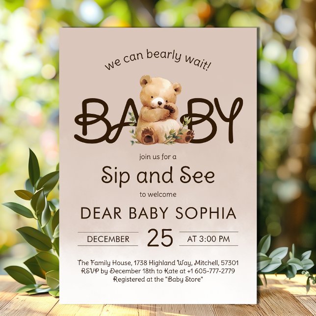 Invitation Nous pouvons attendre Baby shower Sip et voir (We Can Bearly Wait Baby Shower Sip and See Invitation)