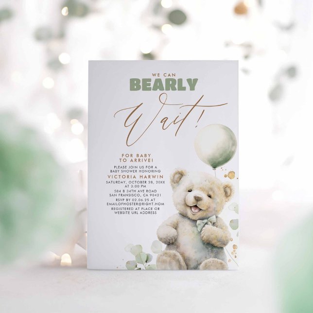 Invitation Nous Pouvons Attendre - Bébé mignon Baby shower Ou (Bear Themed Baby Shower Invitations in Green and Brown)