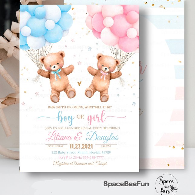Invitation Nous pouvons attendre l'invit baby shower de révél (Gender Reveal baby shower invitation,Teddy Bear baby shower girl,Baby Shower bear invitation,boho bo)