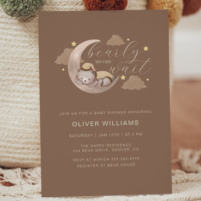 Invitation Nous pouvons attendre prématurément Cub Brown Moon (We Can Bearly Wait Cub Brown Moon Star Baby Shower Invitation)