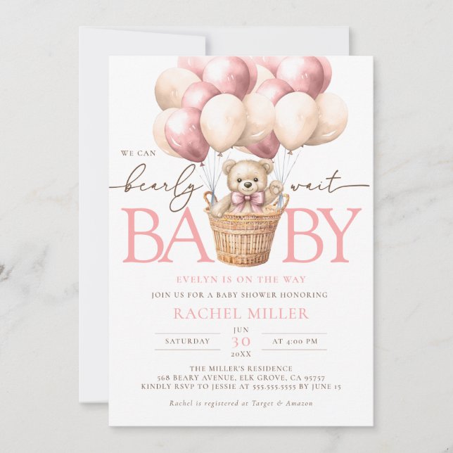 Invitation Nous Pouvons Attendre Rapidement Balloon Rose Bébé (Devant)
