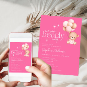 Invitation Nous Pouvons Attendre Teddy Bear Baby shower rose 