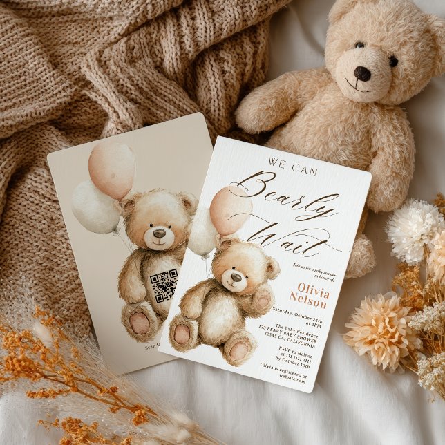 Invitation Nous pouvons attendre tôt Teddy Bear Code QR Baby  (We Can Bearly Wait Teddy Bear QR code Baby Shower Invitation)