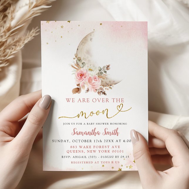 Invitation Nous sommes au-dessus de la lune Fille rose Boho B (Créateur téléchargé)