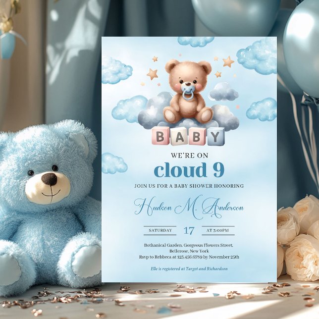 Invitation Nous sommes dans le nuage neuf ours en peluche bru (cloud nine cute teddy bear boy baby shower invitation digital)