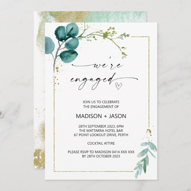 Invitation Nous sommes Engaged Engagement Party Green and Gol (Devant / Derrière)