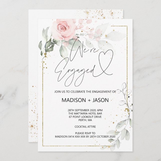 Invitation Nous sommes Engaged Engagement Party Pink Floral G (Devant / Derrière)