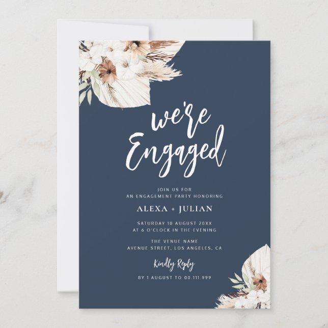 Invitation NOUS SOMMES ENGAGÉS boho pampas marine bleu fiança (Devant)
