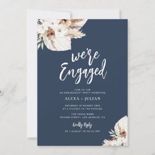 Invitation NOUS SOMMES ENGAGÉS boho pampas marine bleu fiança