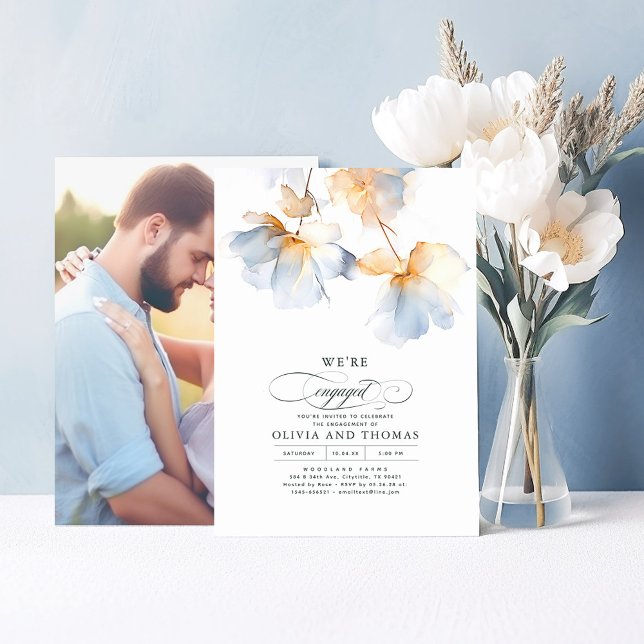 Invitation Nous sommes engagés Dusty Blue Engagement Party Ph (Dusty Blue Flowers Engagement Party Invitations "We're Engaged")