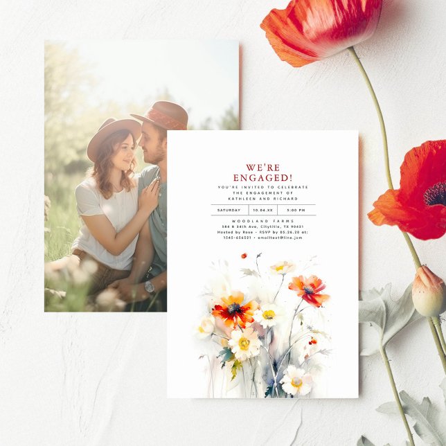 Invitation Nous sommes engagés Fleur sauvage Engagement Party (Wildflowers Minimalist Elegant Engagement Party Photo Invitations "We're Engaged!")