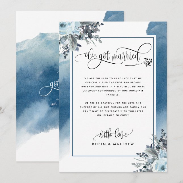 Invitation Nous sommes mariés Annonce de mariage en bleu (Devant / Derrière)