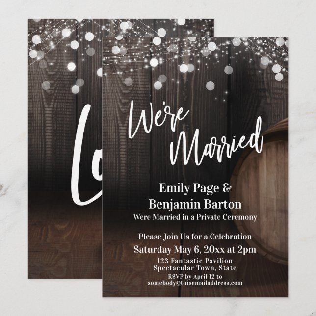 Invitation Nous sommes mariés Bois Vin Baril Lumière Réceptio (Devant / Derrière)