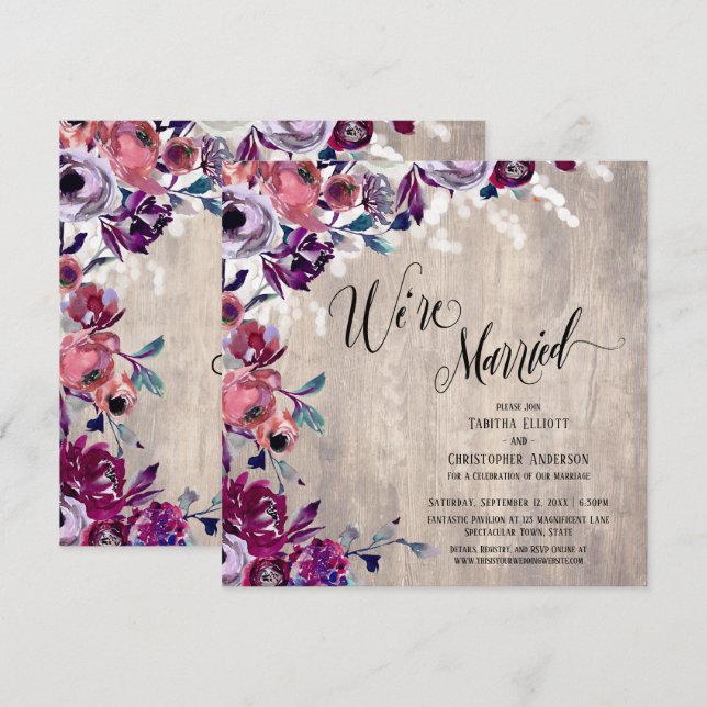 Invitation Nous sommes mariés Calligraphie Floral Bois Clair  (Devant / Derrière)