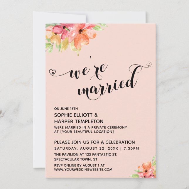 Invitation Nous sommes mariés Cœurs Script Rouge Boho Florale (Devant)