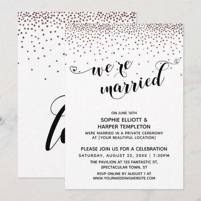 Invitation Nous sommes mariés Écriture Rose Gold Confettis Ré (Devant / Derrière)