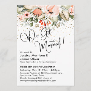 Invitation Nous sommes mariés ! Fleurs roses et confettis dor