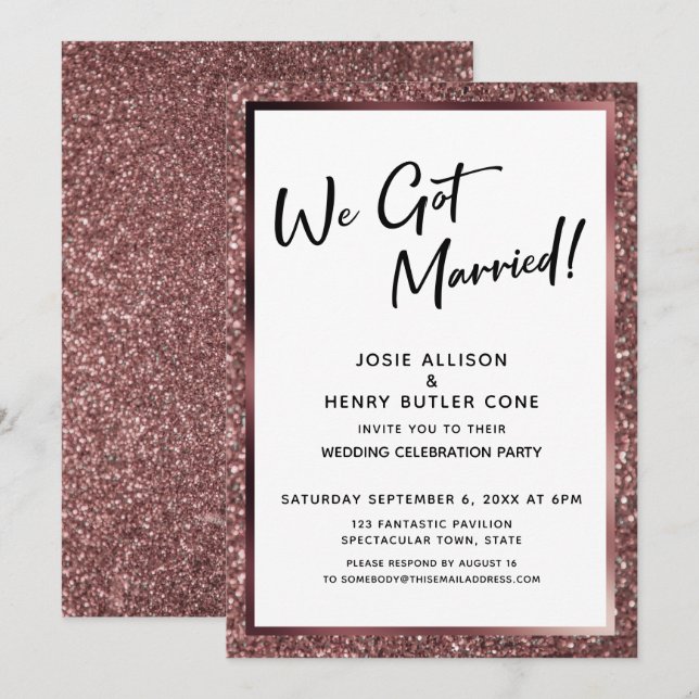 Invitation Nous sommes mariés ! Rose Gold Glitter Réception s (Devant / Derrière)