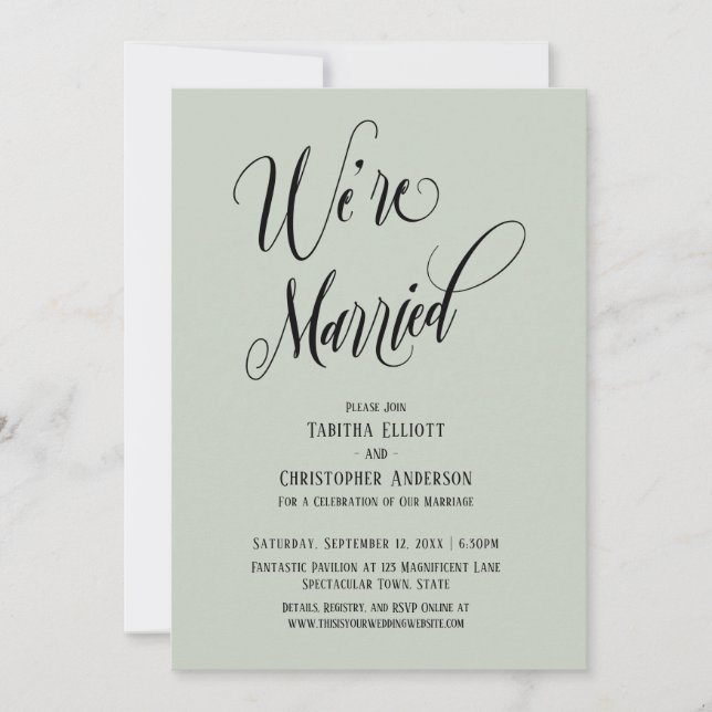 Invitation Nous sommes mariés Script Élaboré, Vert Sauge Clai (Devant)